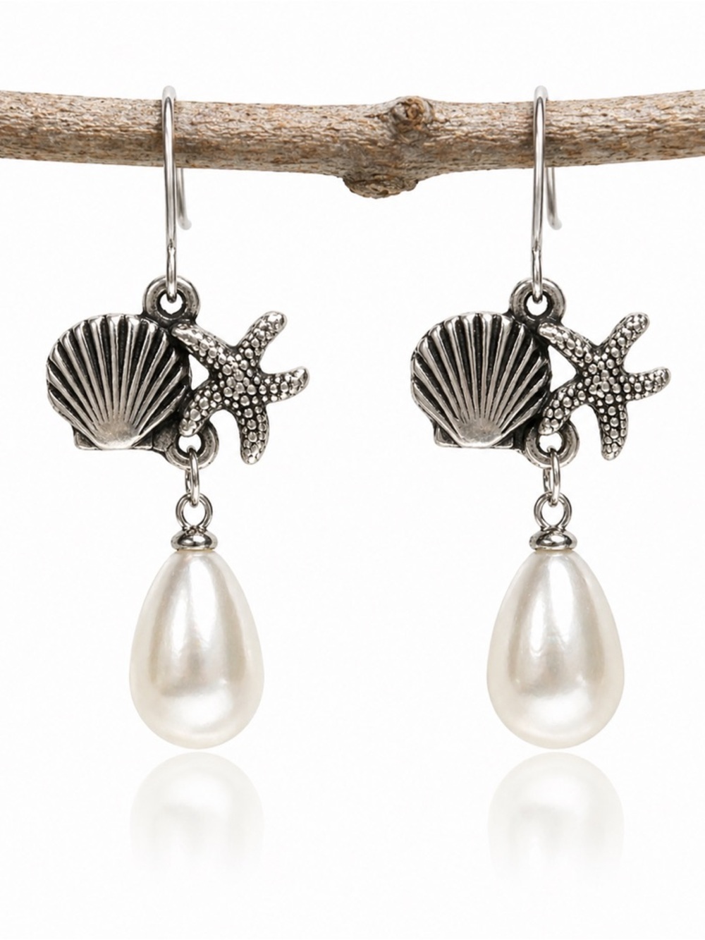 Seashell Starfish Pearl Earrings, Coastal Beach Dangle